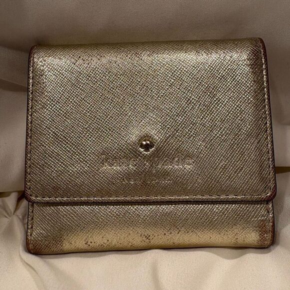 Kate Spade New York Gold Leather Small Bifold Wallet with Coin Purse ♠️ - Picture 1 of 9